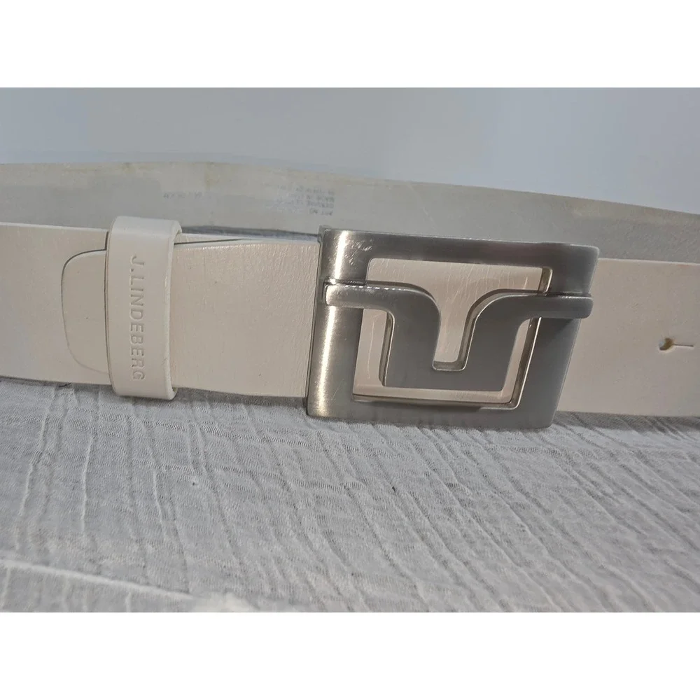 J.Lindeberg Mens White Leather Bridge Logo Buckle Belt Size 34 Made in Italy